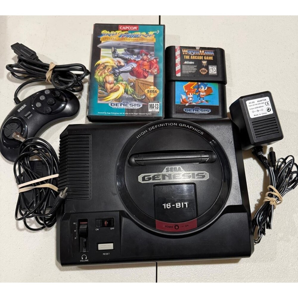 Sega Genesis Console 16-Bit - (1601) Controller & Cords, Tested Working, 3 Game